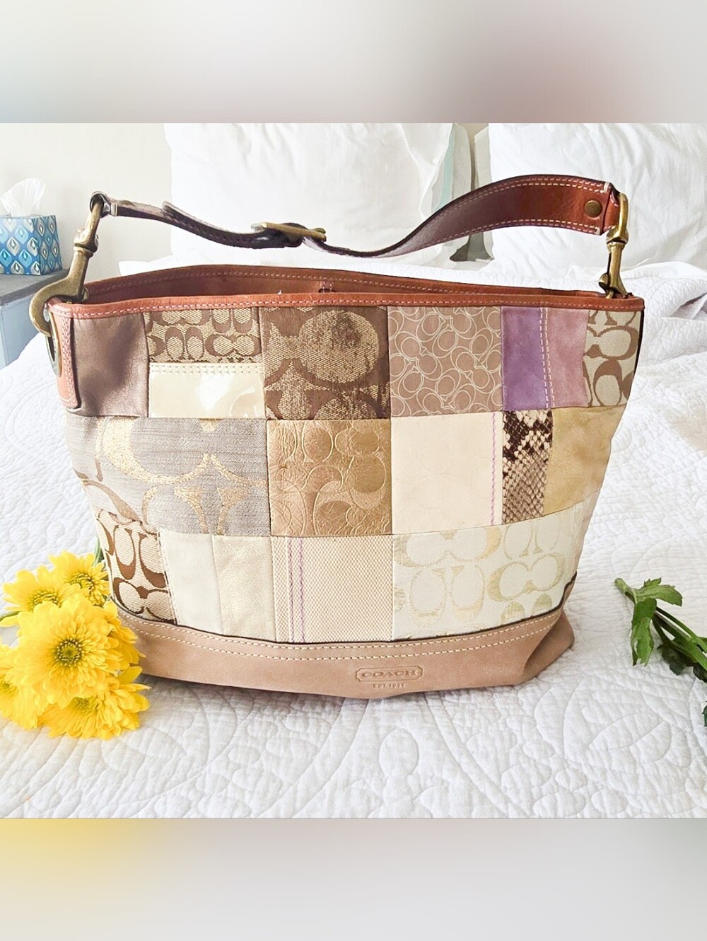 Coach Patchwork Neutral Tote Bag with Brown Leather Strap